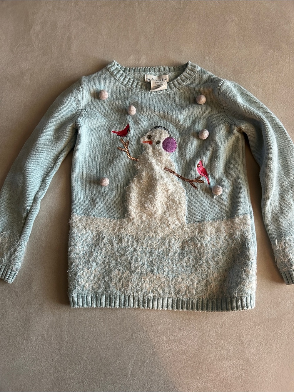 Girls Light Blue Snowman Knit Crewneck Sweater - Cozy Holiday Style